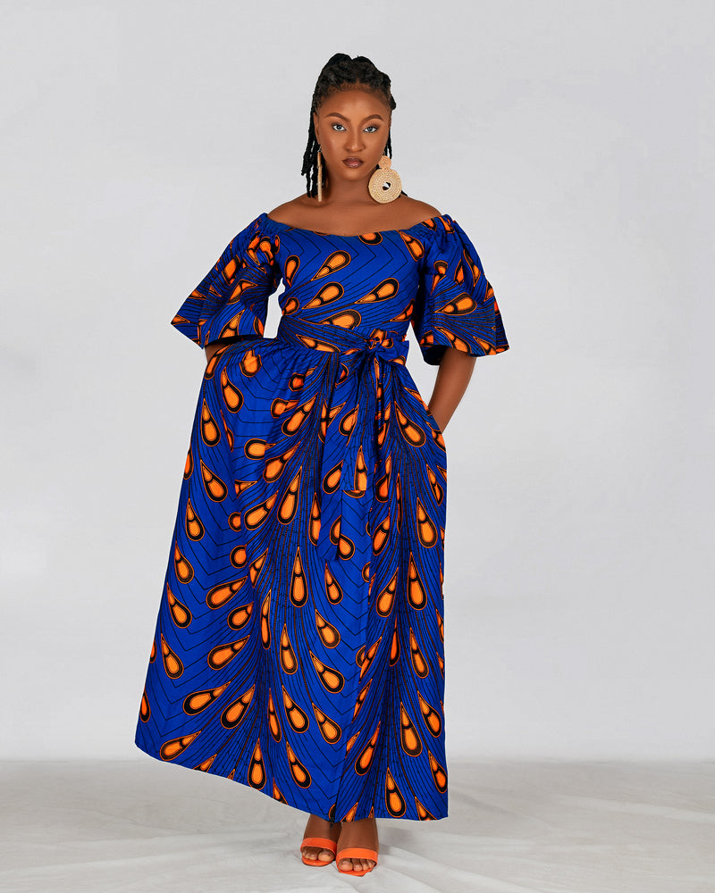 Nimi Ankara Off Shoulder Maxi Dress | Blue and Orange African Print