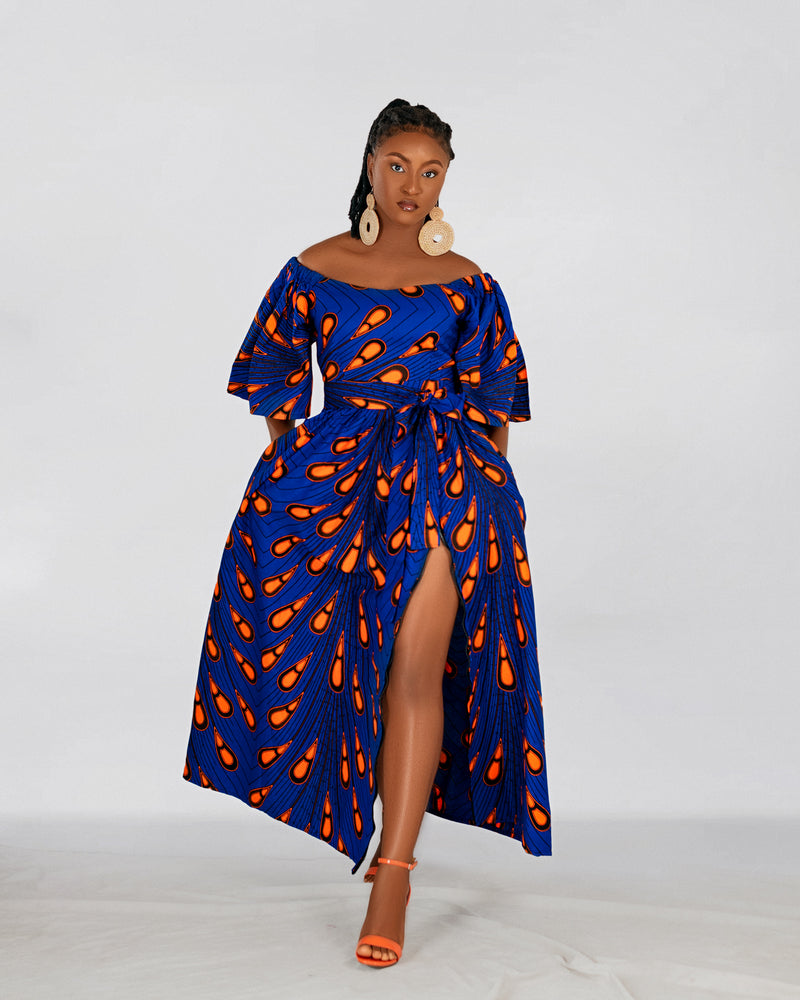 Nimi Ankara Off Shoulder Maxi Dress | Blue and Orange African Print