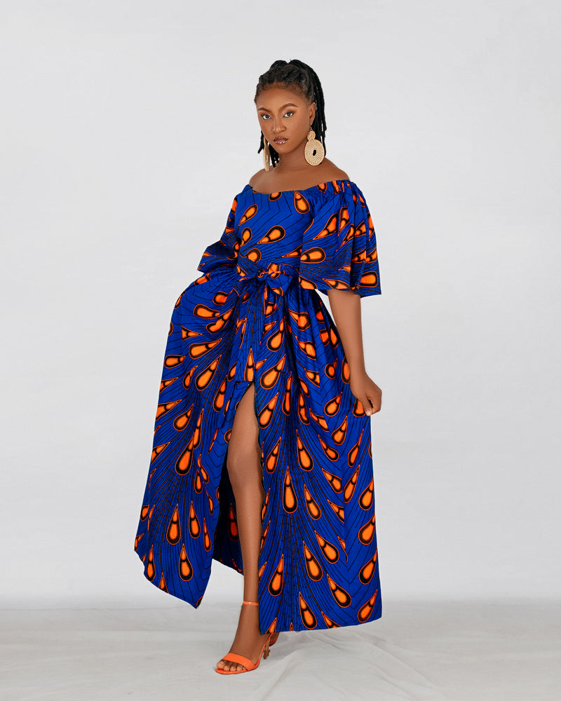 Nimi Ankara Off Shoulder Maxi Dress | Blue and Orange African Print