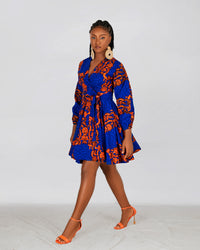 Bekky Ankara Mini Dress | Blue and Orange African Print