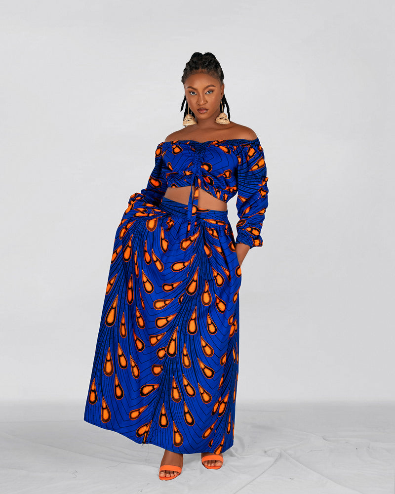 Chinwe Ankara Maxi Skirt | Blue and Orange African Print