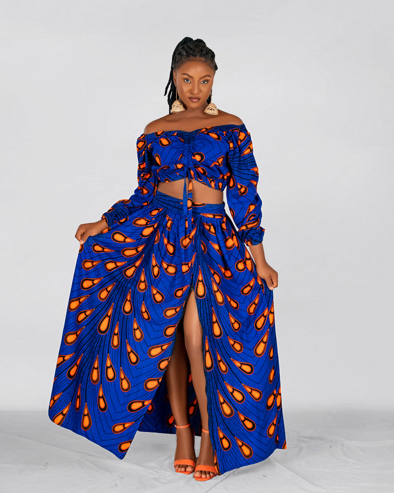 Chinwe Ankara Maxi Skirt | Blue and Orange African Print