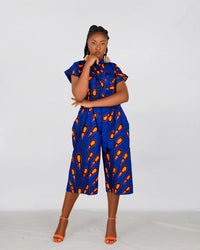 Kiekie Ankara Culotte Jumpsuit | Blue and Orange  African Print