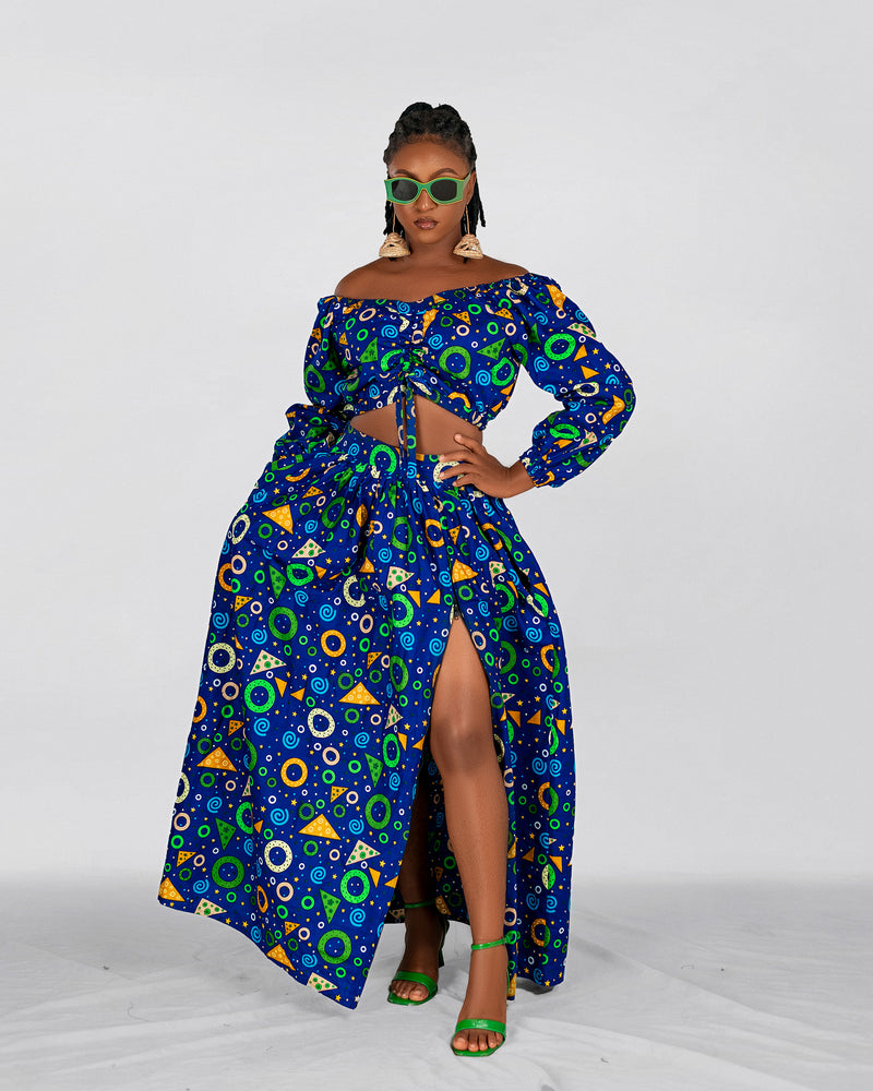 Chichi Ankara Maxi Skirt |  Blue and Green African Print