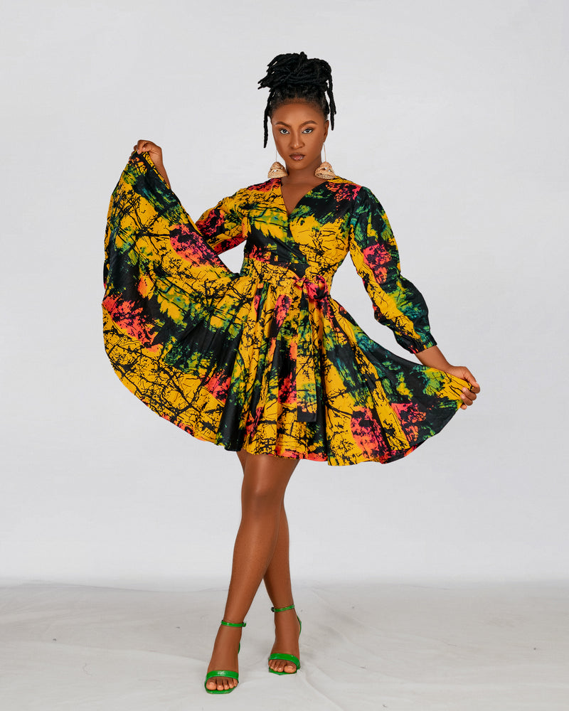 Brenie Ankara Mini Dress |  Green  and Yellow Multicoloured  Print