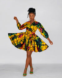 Brenie Ankara Mini Dress |  Green  and Yellow Multicoloured  Print