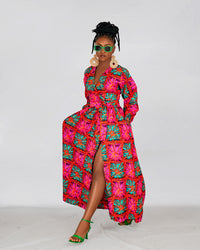 Biston Ankara Maxi Dress | Pink and Green African Print