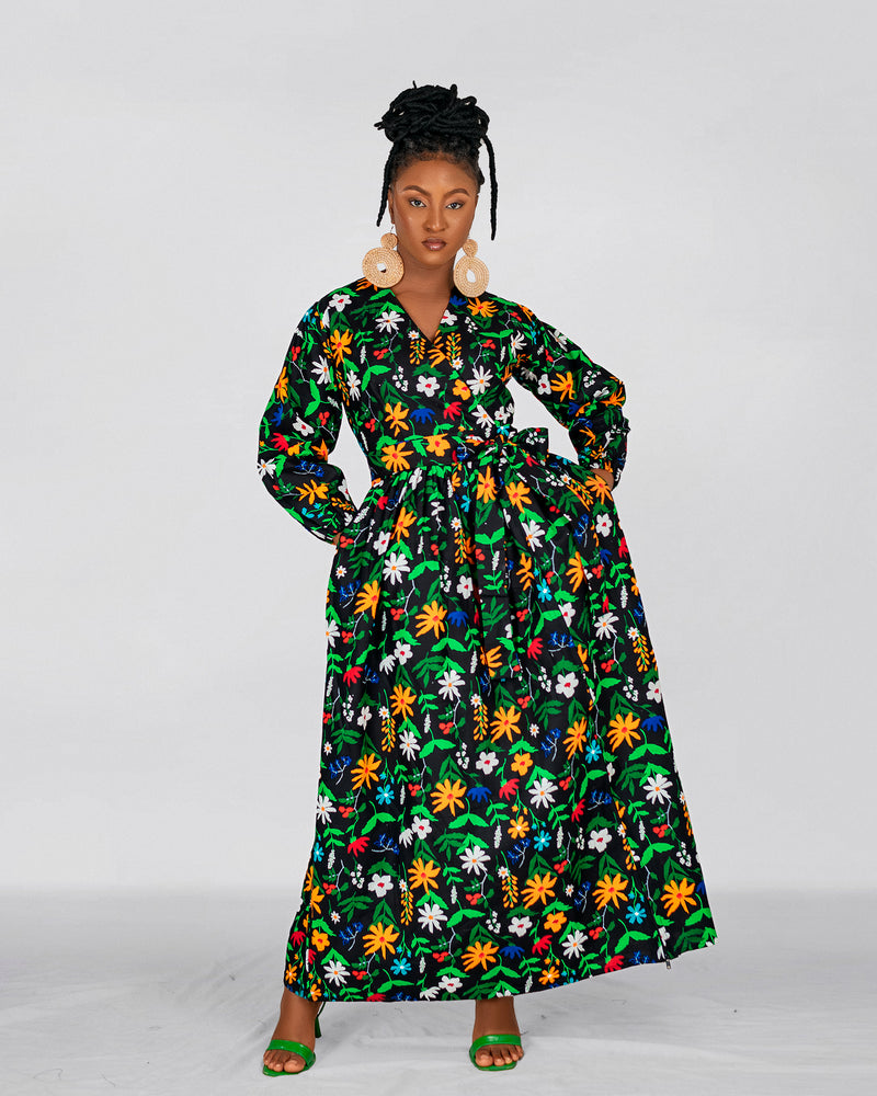 Belinda Ankara Maxi Dress |  Green Multicolor African Floral Print