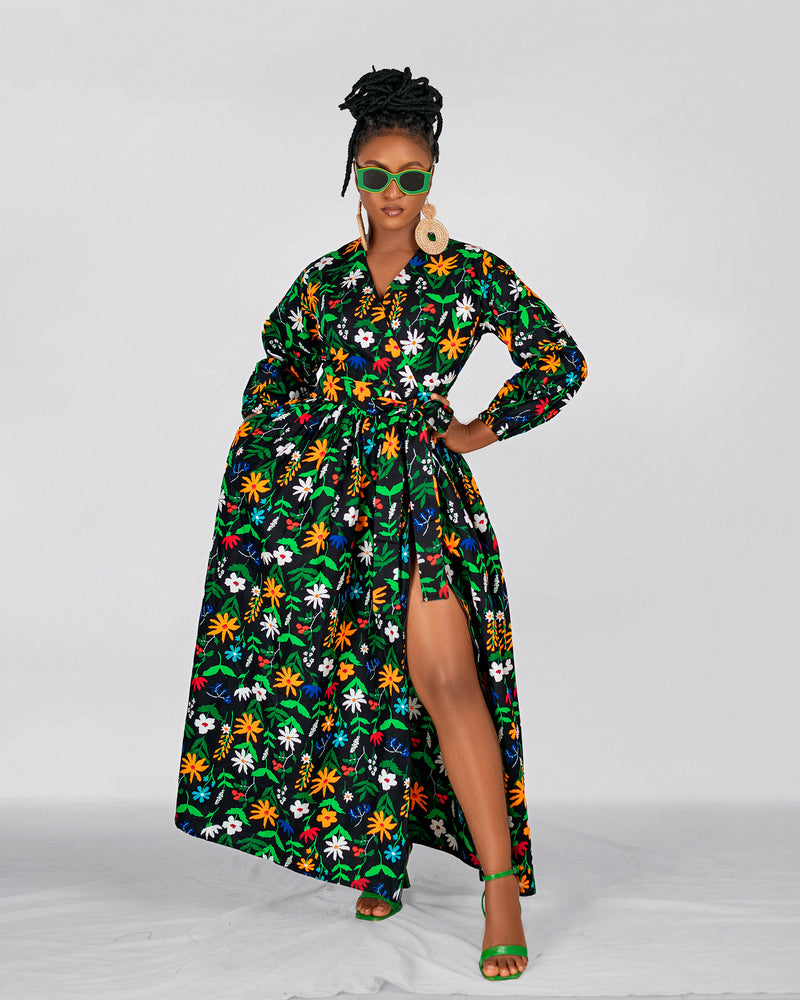 Belinda Ankara Maxi Dress |  Green Multicolor African Floral Print