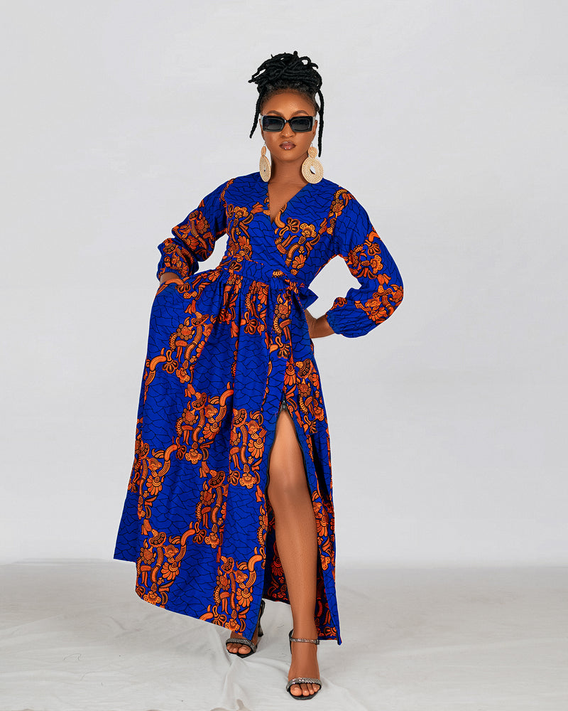 Bekky Ankara Maxi Dress | Blue and Orange African Print