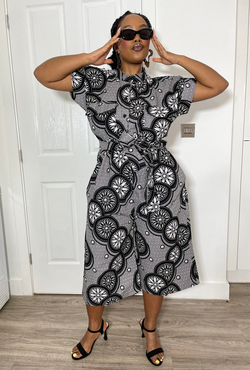 Kattie Ankara Culotte Jumpsuit | Black and White African Print