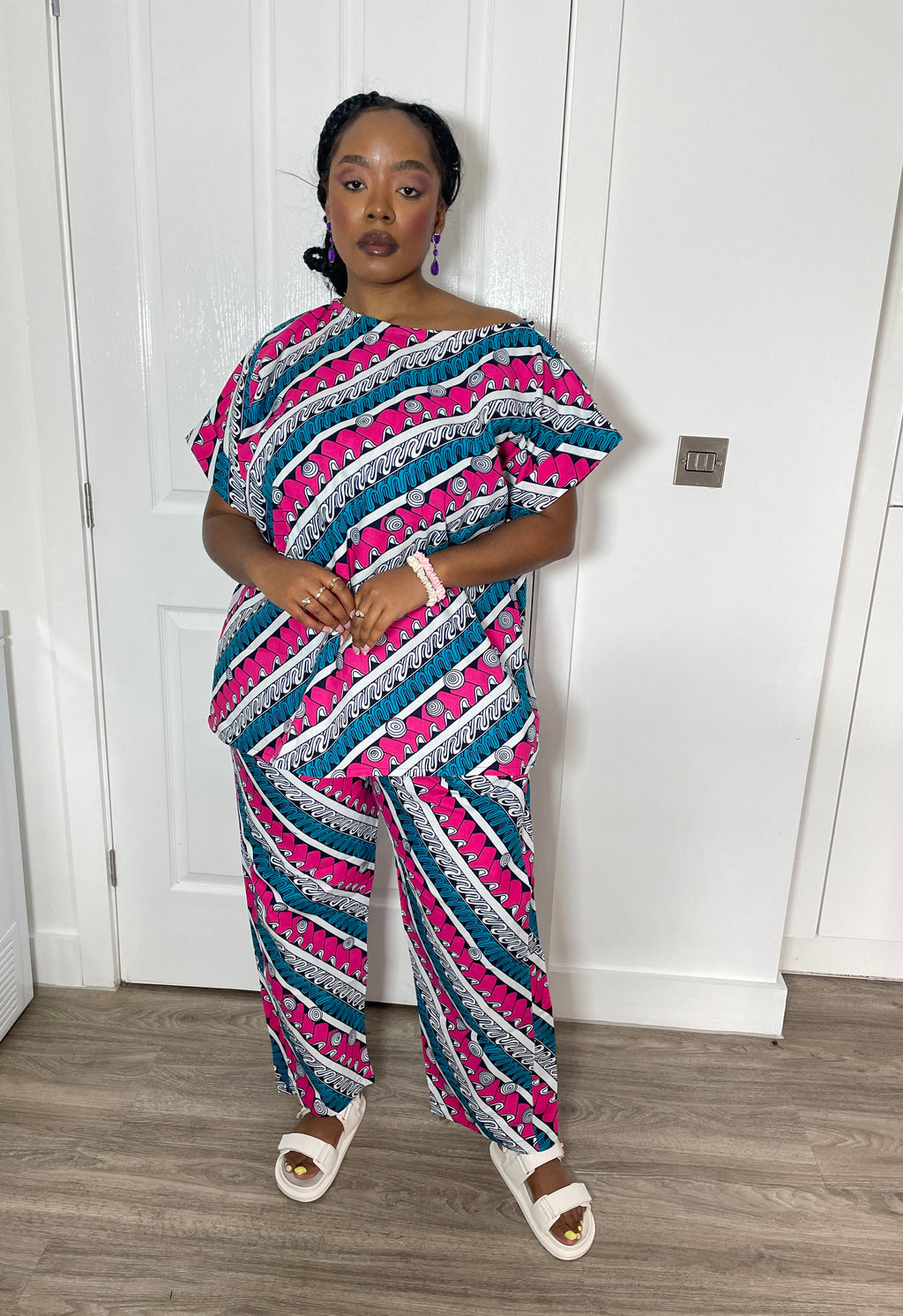 Bunny Ankara High Waisted Trouser | Pink and White African Print