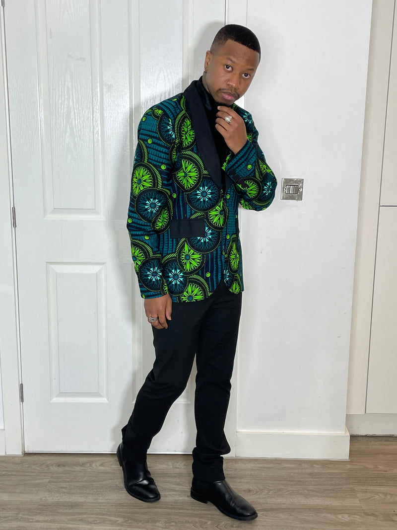 Perry Men Blazer | Green Multicolor African Print