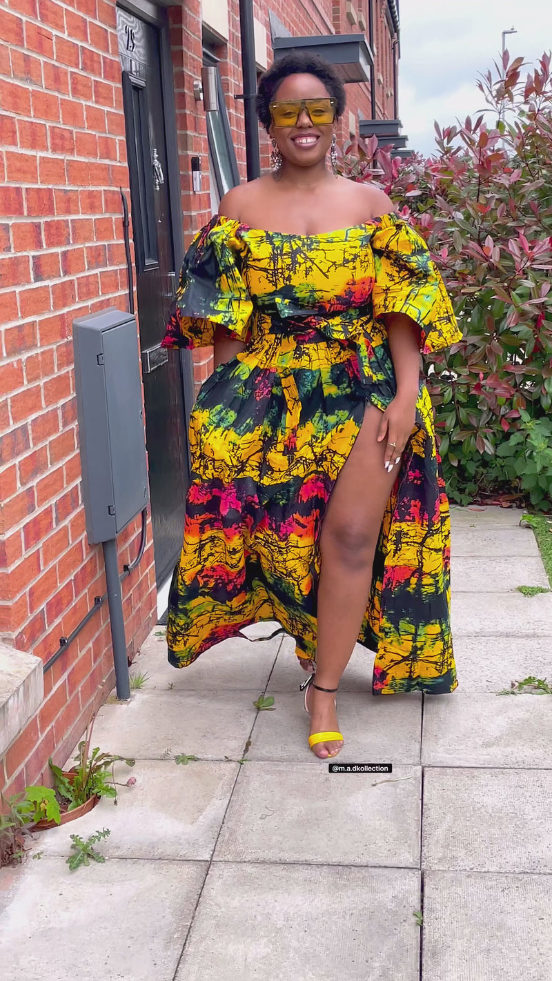 Brenie Ankara Off Shoulder Maxi Dress | Green and Yellow Multicoloured African Print