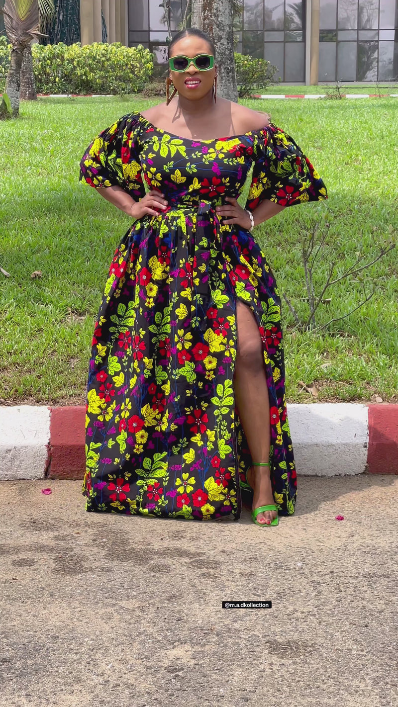 Tess Ankara Off Shoulder Maxi Dress | Green and Pink Multicolored African Print