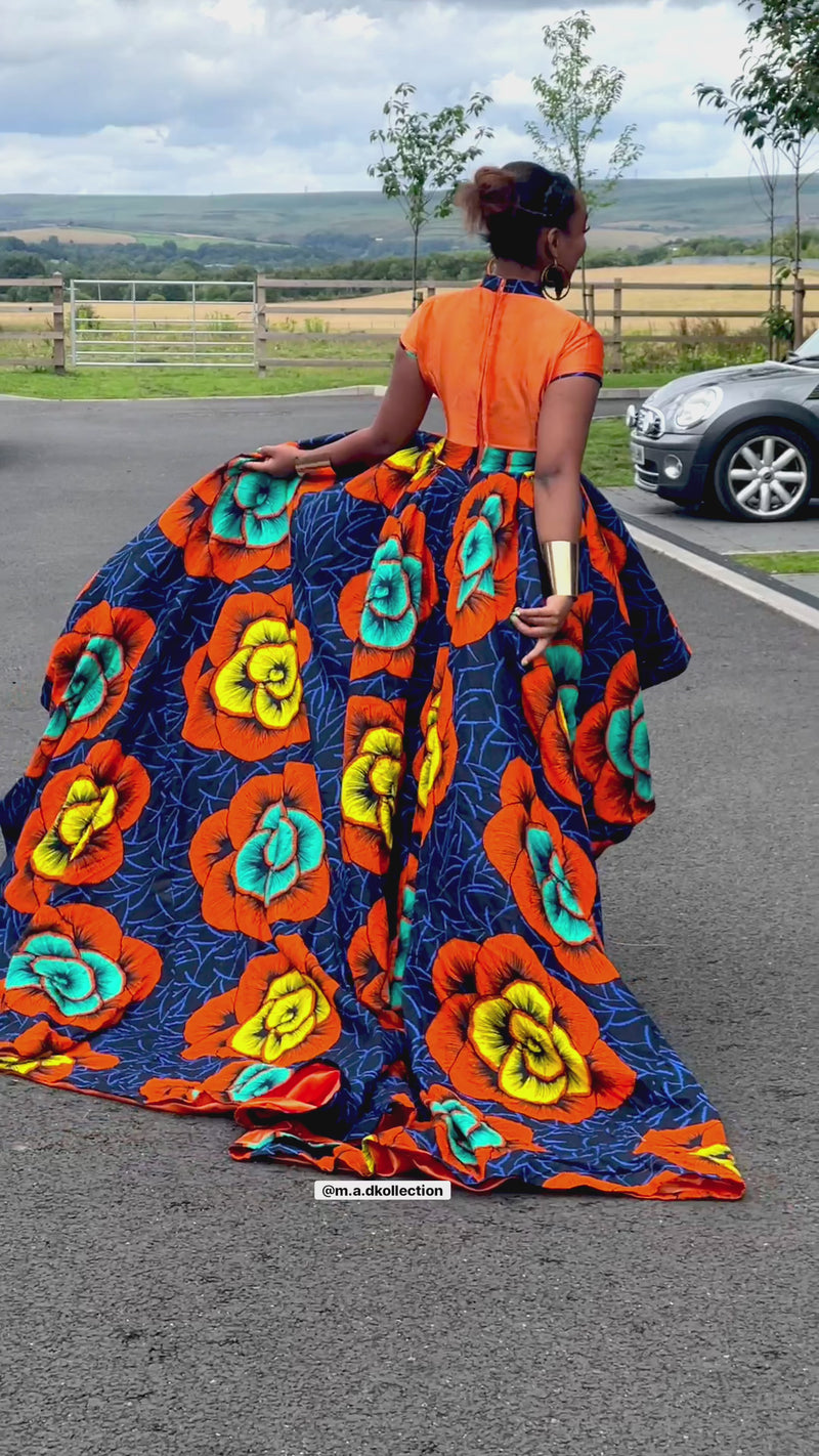 Barbra Ankara High Low Dress | Orange and Blue African Print