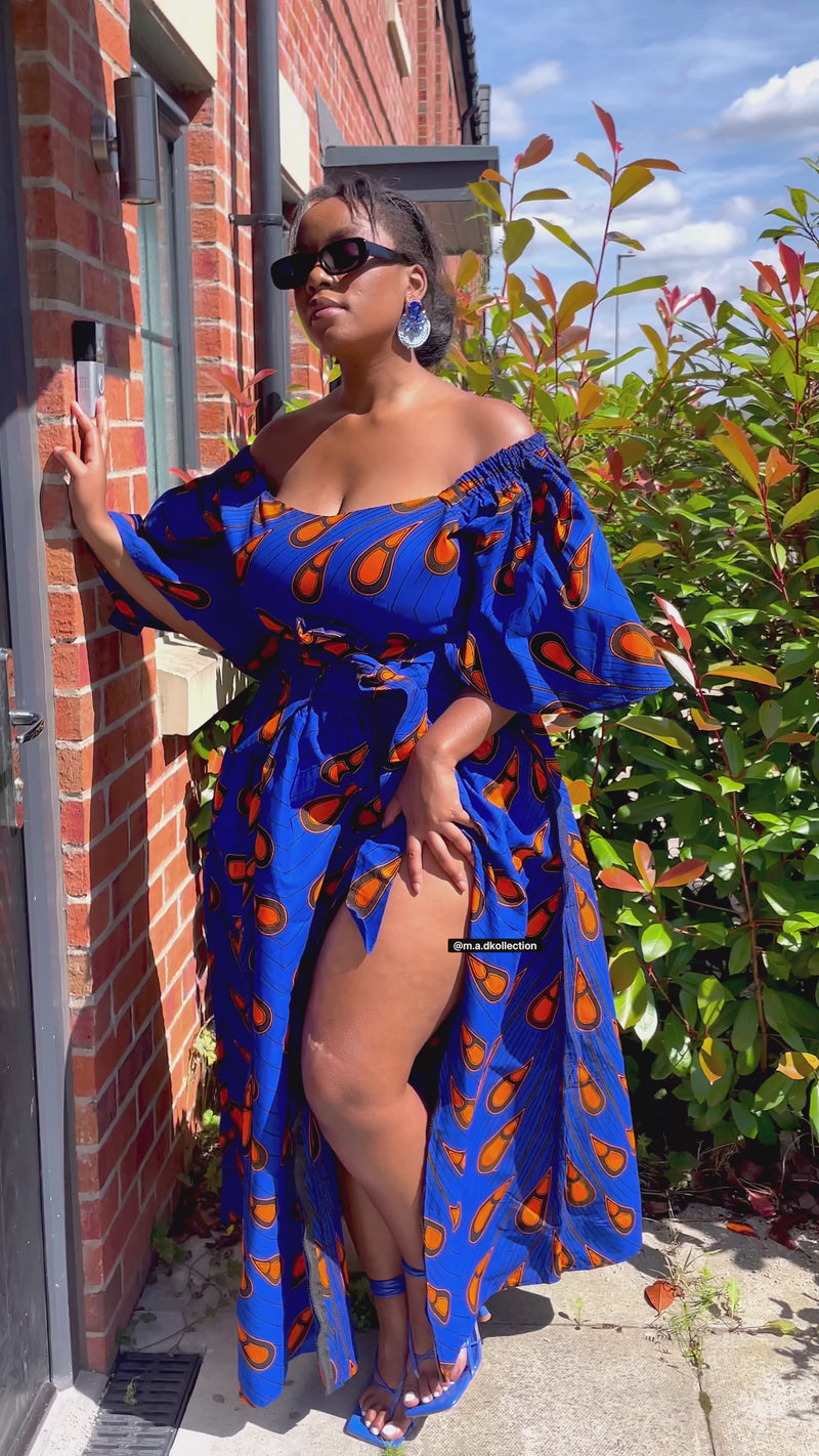 Nimi Ankara Off Shoulder Maxi Dress | Blue and Orange African Print