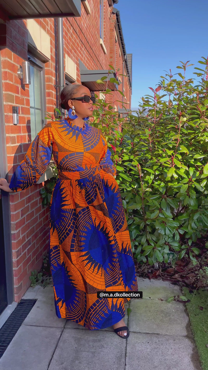 Etty Ankara Maxi Dress | Blue and Orange African Print