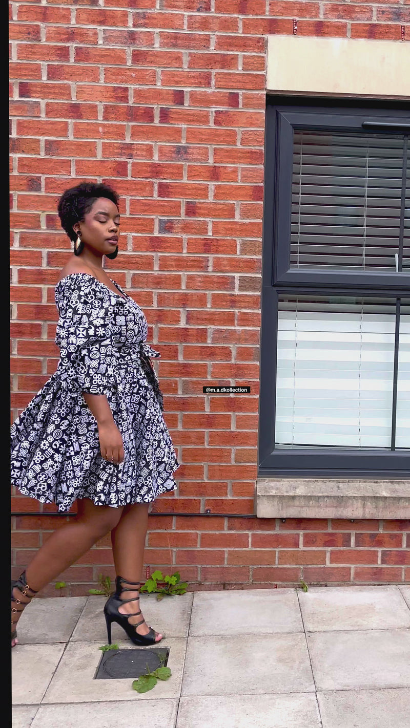 Bertie Ankara Short Mini Dress | Black and White African Print