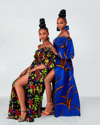 Toni Ankara Off shoulder Maxi Dress | Blue and Orange African Print