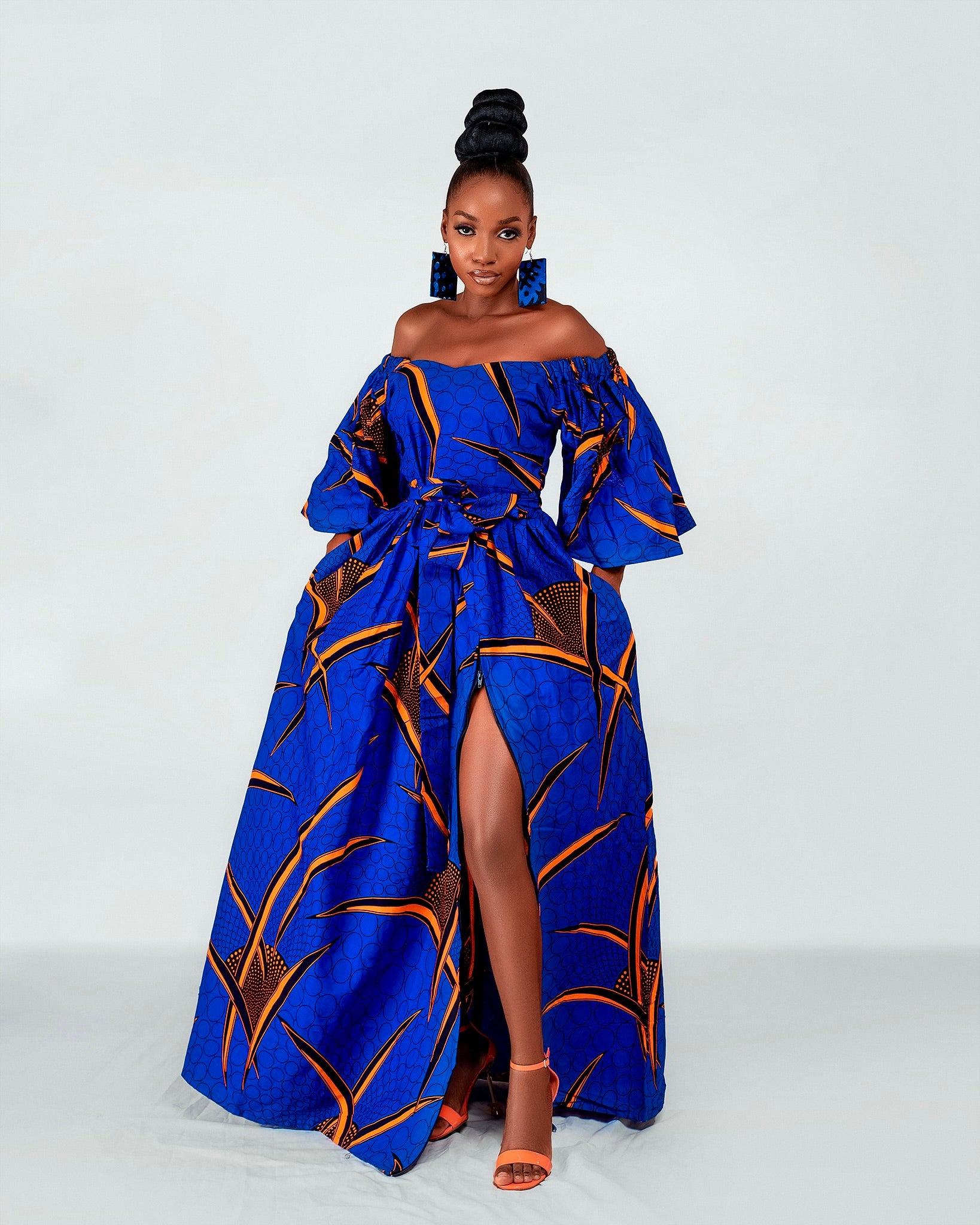 Toni Ankara Off shoulder Maxi Dress Blue and Orange African Print