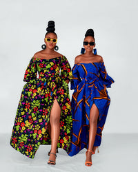 Toni Ankara Off shoulder Maxi Dress | Blue and Orange African Print