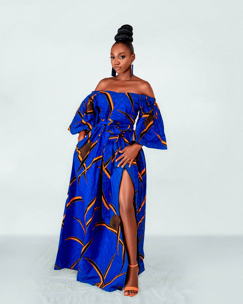 Toni Ankara Off shoulder Maxi Dress | Blue and Orange African Print