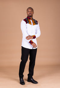 Chinedu Ankara Men Shirt | White and Mixed Print African Print