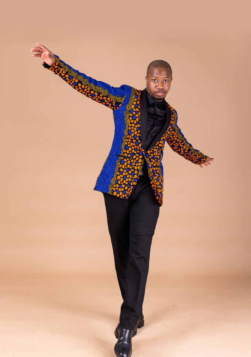 Eghosa Ankara Men Blazer | Blue and Orange African Print