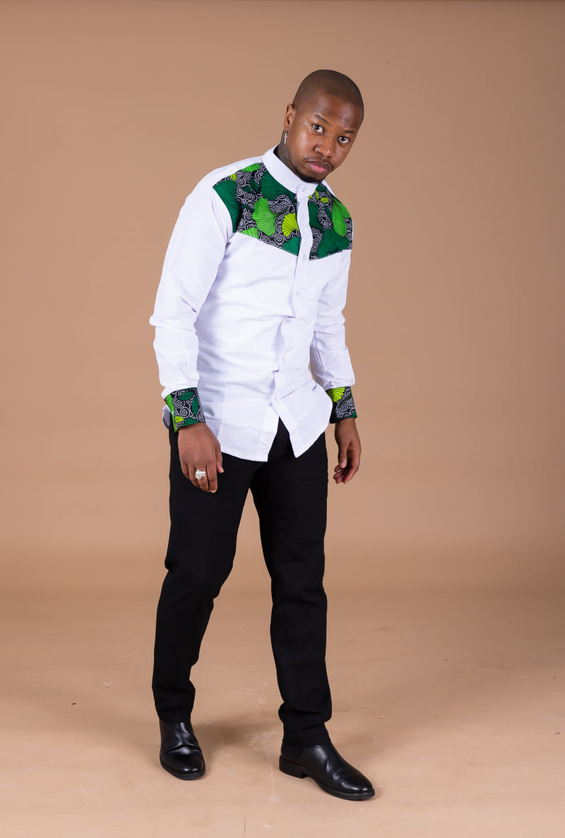 Udeme Mixed Print Men Shirt | White and African Ankara Print