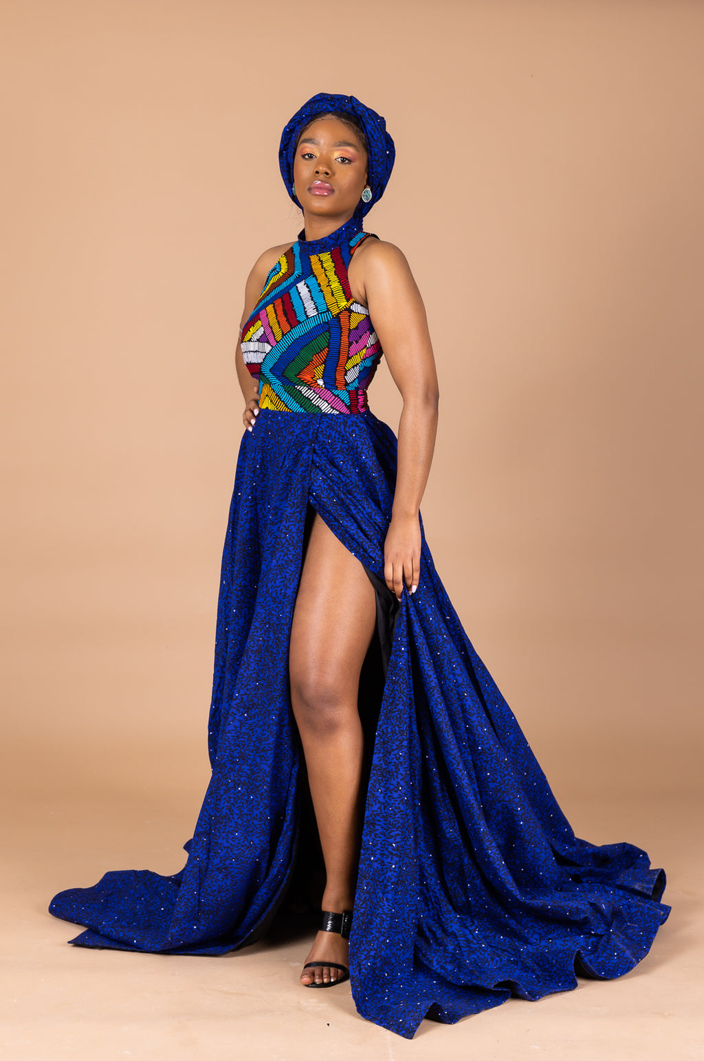 Temi Ankara Deep-slit Maxi Dress | Blue African Print