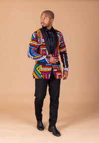 Tisan Ankara Men Blazer | White and Blue Multicolored African Print