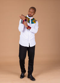 Tisan Mixed Print Men Long Sleeve Shirt | White and African Ankara Print