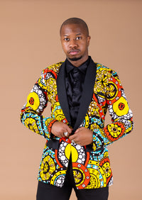 Sarki Ankara Men Blazer | Yellow and White Multicolored African Print