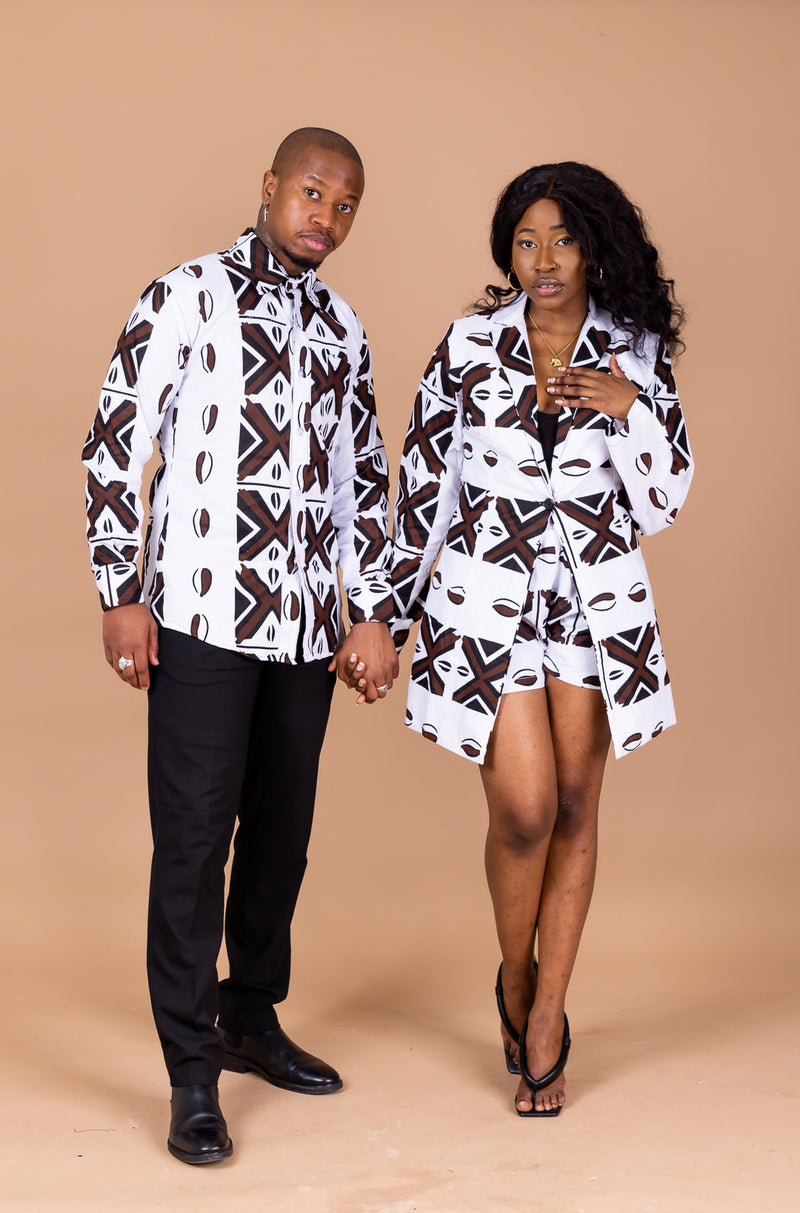 Tunji Ankara Men Long-sleeved  Shirt | Black and White African Ankara Print