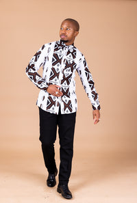 Tunji Ankara Men Long-sleeved  Shirt | Black and White African Ankara Print