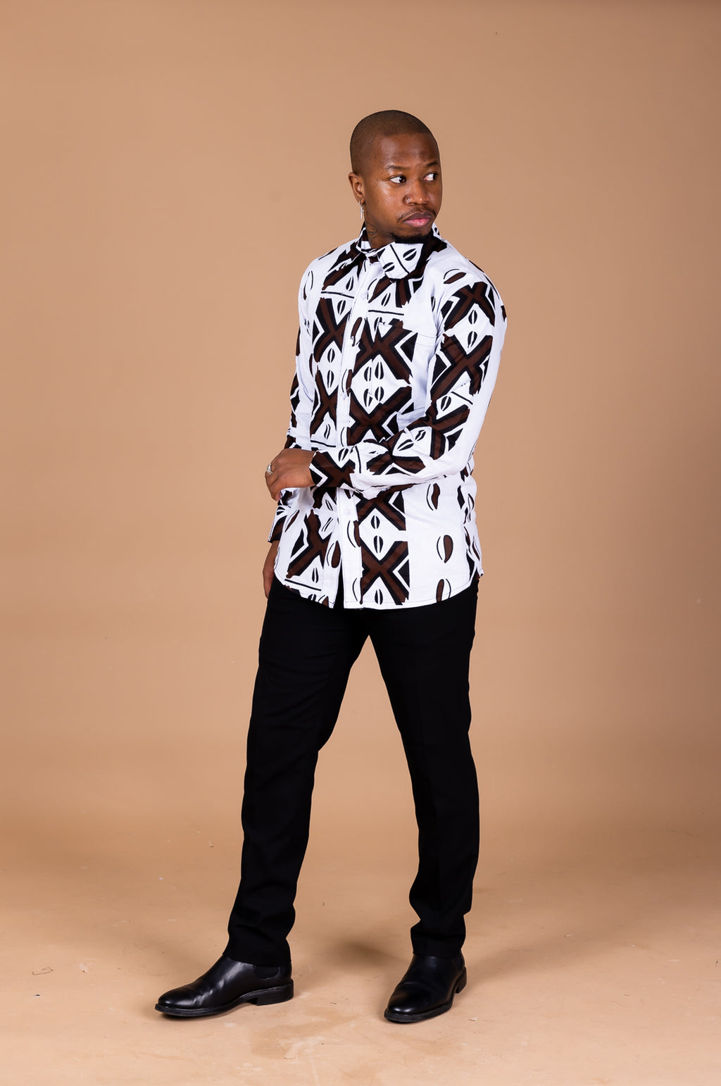 Tunji Ankara Men Long-sleeved  Shirt | Black and White African Ankara Print