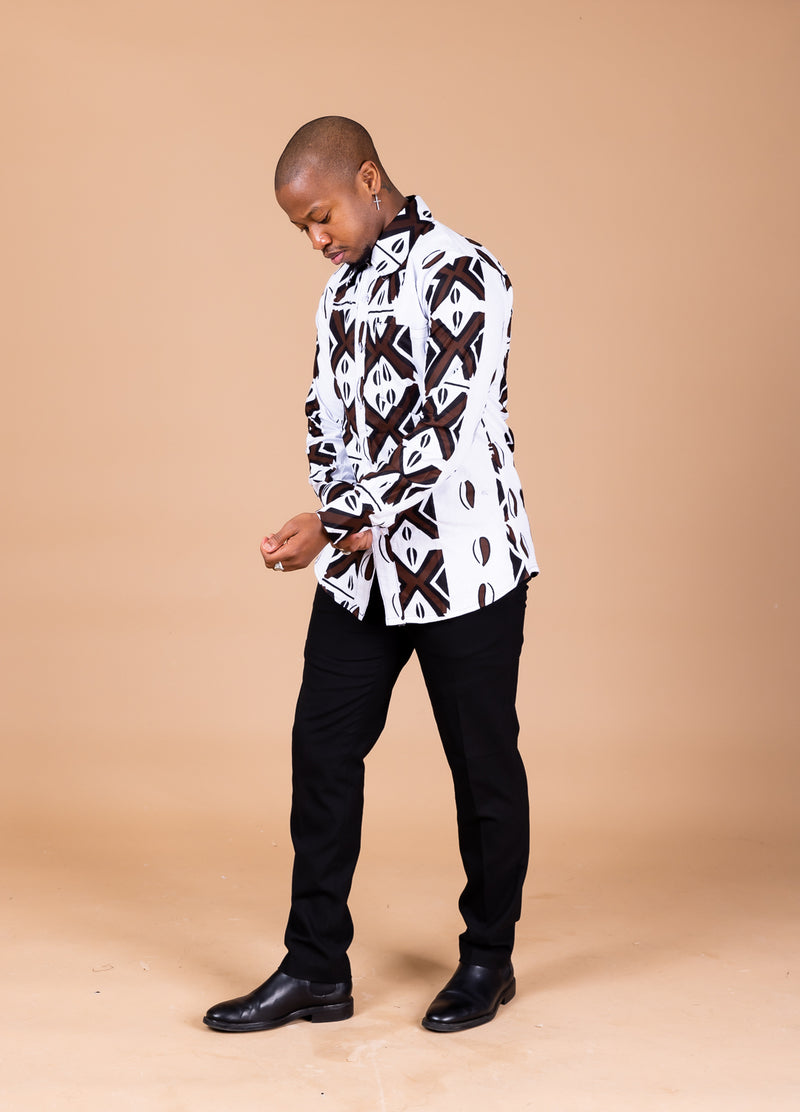 Tunji Ankara Men Long-sleeved  Shirt | Black and White African Ankara Print