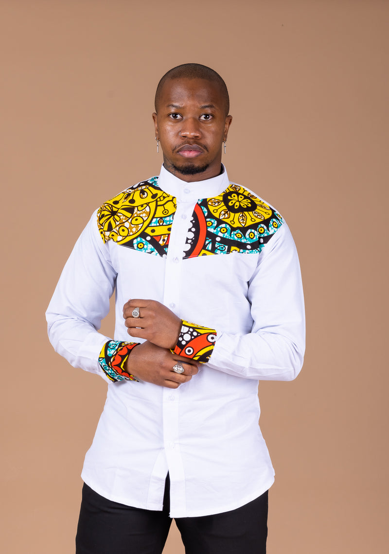 Sarki Mixed Print Men Shirt | White and Ankara African Print