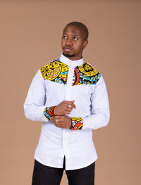 Sarki Mixed Print Men Shirt | White and Ankara African Print