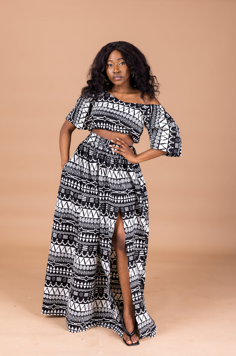 Amina Ankara Maxi Skirt | Black and White African Tribal Print