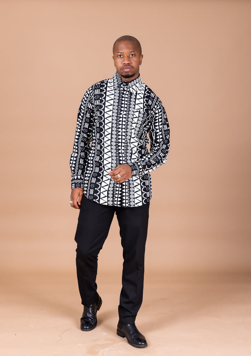 Amos Ankara Men Long-sleeved  Shirt | Black and White African Tribal Print