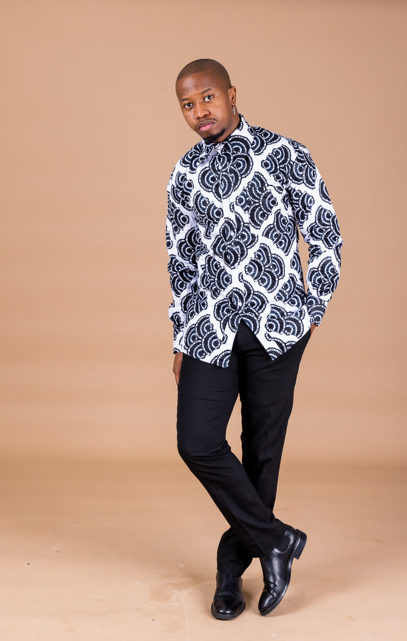 Smart Men Long-sleeved Shirt | Black and White African Print