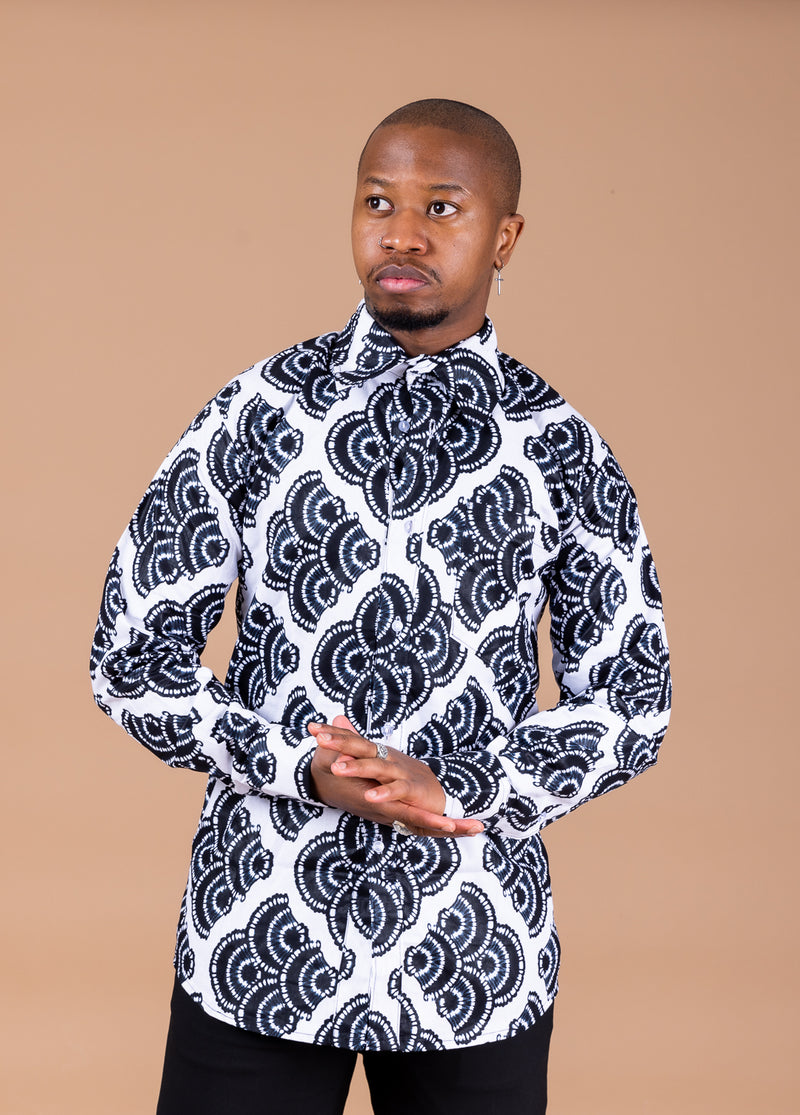 Smart Men Long-sleeved Shirt | Black and White African Print