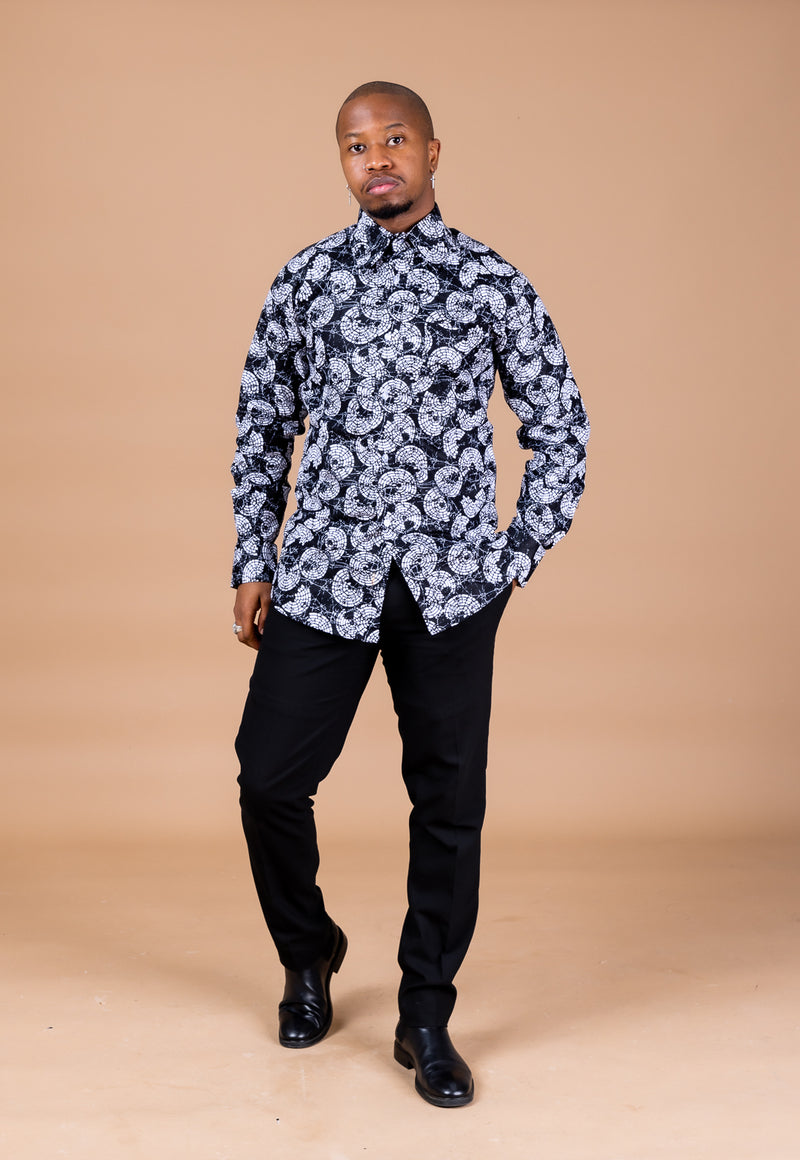 Smith Ankara Men Long-sleeved  Shirt | Black and White African Print