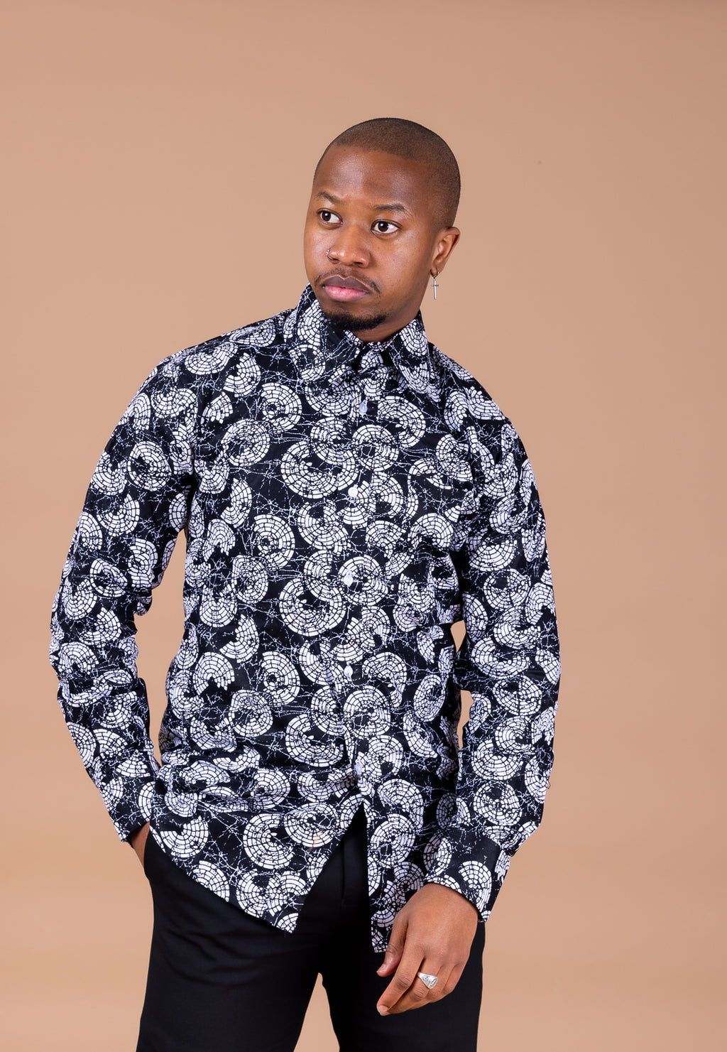 Smith Ankara Men Long-sleeved  Shirt | Black and White African Print