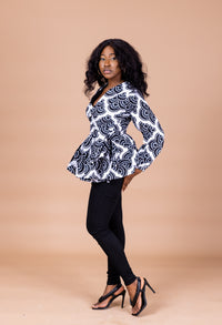 Mudi Ankara Peplum Top |  Black and White African Print