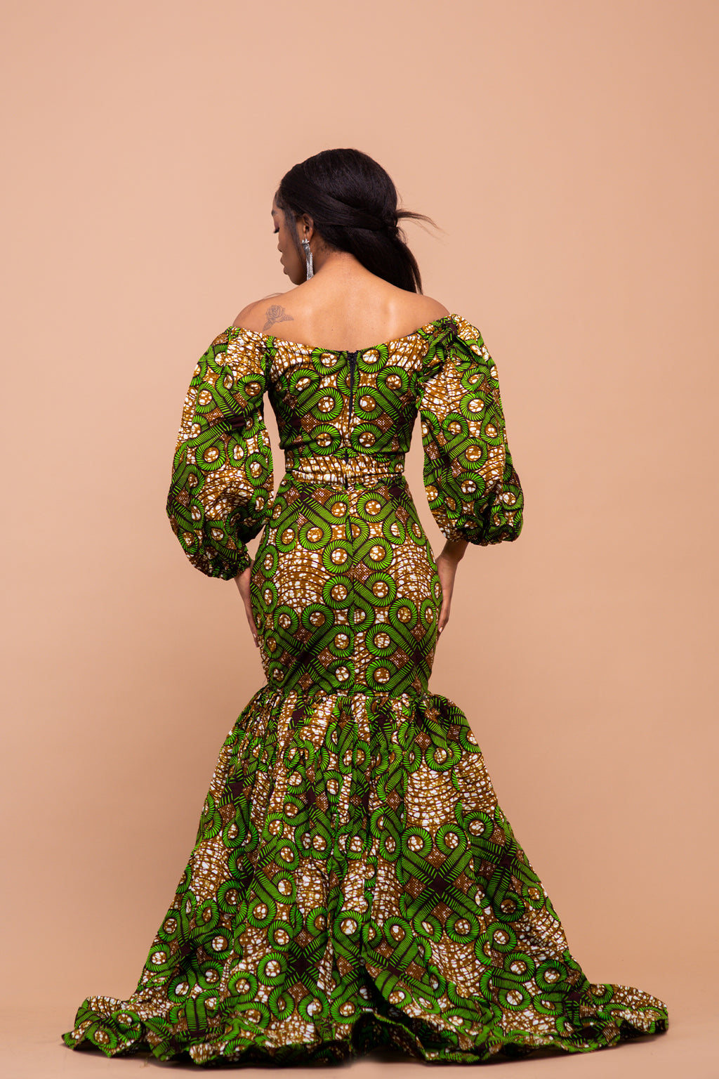 Hauwa Ankara Maxi Dress | Green and Brown African Print