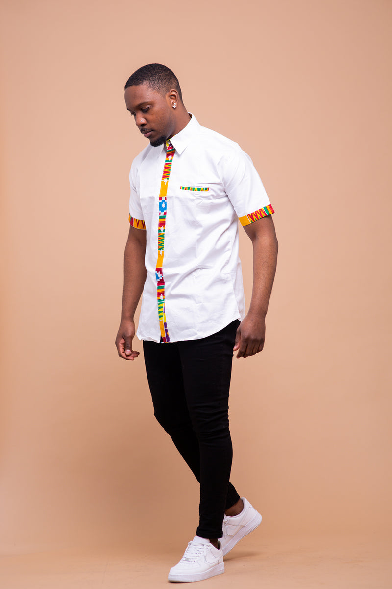 Damien Men Shirt | White and Mixed Ankara African Print