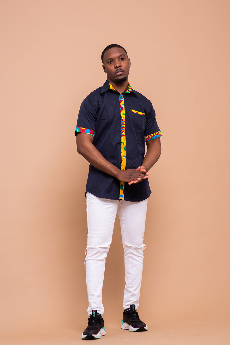 Dalton Men Shirt | Navy Blue and Ankara Mixed African Print